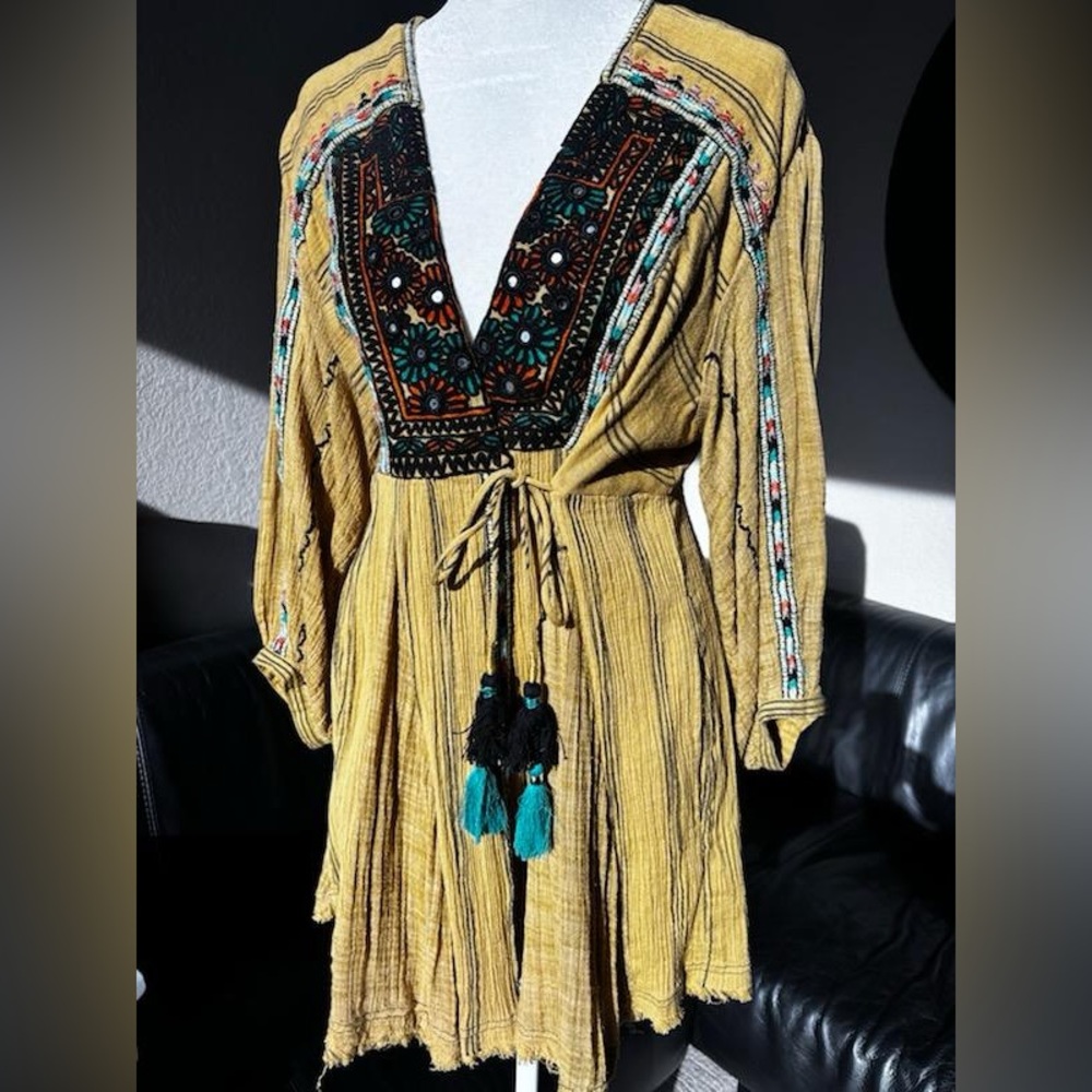 Free People Mustard Yellow Embroidered V-Neck Tunic